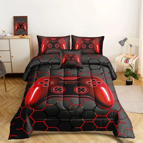 Miniatura 10 de ROWADALO Juego de ropa de cama en una bolsa de 5 piezas para niños y adultos, juego de edredón para jugadores, juego de cama individual con edredón