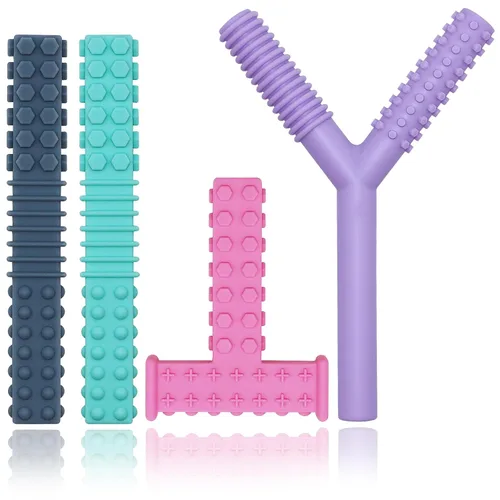 Juguetes sensoriales para masticar para niños autistas, paquete de 4 tubos masticables para niños, silicona suave y duradera, herramientas motoras
