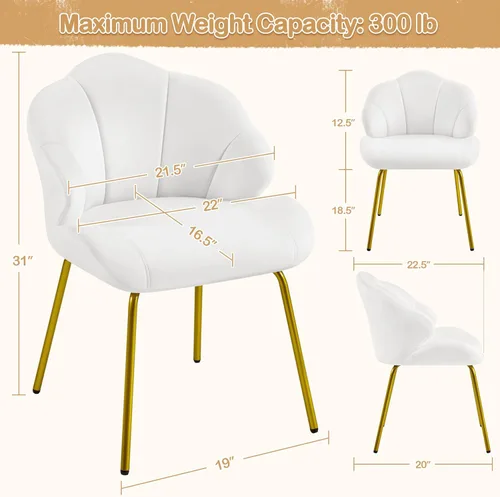Miniatura 3 de Yaheetech Silla de tocador, silla decorativa de terciopelo con respaldo en forma de concha, sillón moderno con patas de metal dorado para Blanco