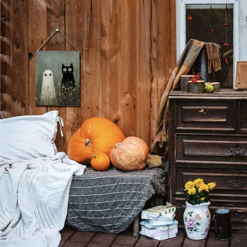 Miniatura 4 de Bonita decoración de Halloween, letrero de puerta de fantasma y gato negro, letrero colgante de madera para interiores, granja, hogar, baño