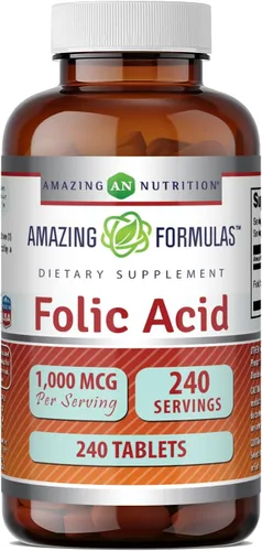 Amazing Formulas ácido fólico 1000 Mcg (1 mg) | Suplemento de 240 tabletas | Vitamina B9 | Sin OMG | Sin gluten | Fabricado en Estados Unidos