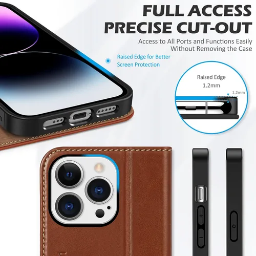 Miniatura 6 de SHIELDON Funda para iPhone 14 Pro 5G 2022, funda tipo cartera de piel auténtica con función atril y bloqueo RFID, funda magnética que absorbe
