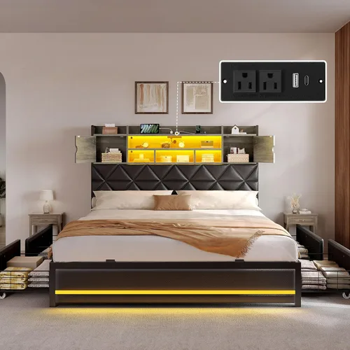 Miniatura 4 de DWVO Base de cama tamaño Queen con luces LED RGB y cabecera de estantería de almacenamiento, cama tapizada con estación de carga y 4 cajones,