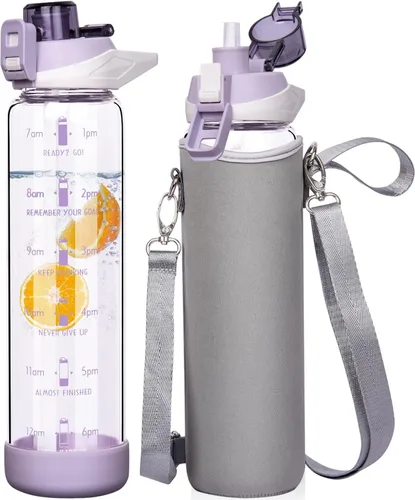 Botella de agua deportiva de vidrio de 32 onzas con popote y marcador de tiempo, botella de vidrio motivacional reutilizable grande para agua Lavanda