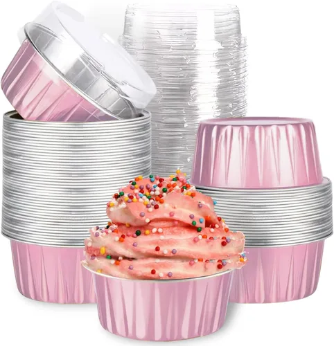 Miniatura 10 de Mini tazas de papel de aluminio para hornear cupcakes con tapas (40 piezas, 5 oz), forros redondos de papel de aluminio para cupcakes, moldes