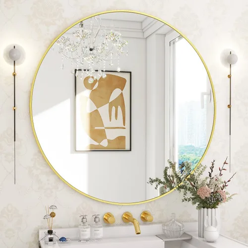 Miniatura 25 de BEAUTYPEAK Espejo redondo de 20 pulgadas, espejo circular con marco de metal, montado en la pared para entrada, baño, tocador, sala de estar, negro