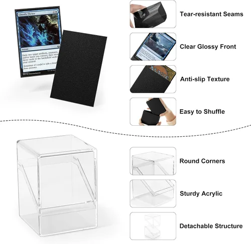 Miniatura 5 de YSCare Paquete de 2 Cajas para Mazos de Cartas, Estuche para Mazo y 200 Fundas para Tarjetas con Divisores, Caja de Almacenamiento Commander Negro