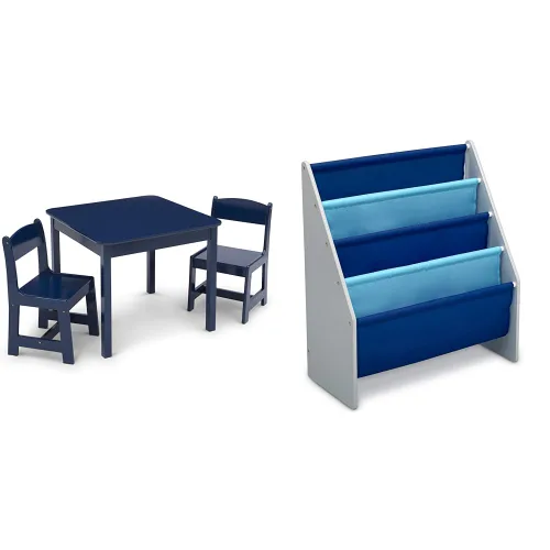 Delta Children MySize - Juego de mesa y silla de madera para niños (2 sillas incluidas) y estantería para libros para niños, almacenamiento fácil de