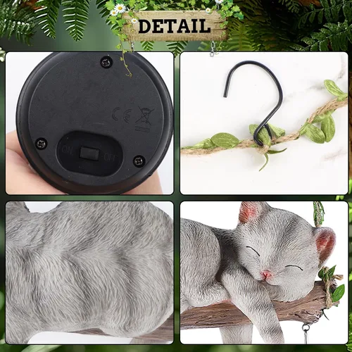 Miniatura 4 de Estatua de jardín con luz solar para exteriores, columpio colgante de 22.6 pulgadas de alto con un gato dormido y una linterna LED, figura de animal