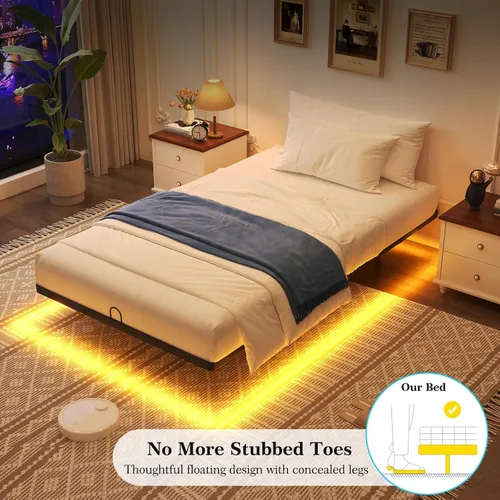 Miniatura 5 de Awesofurni Base de Cama Flotante de Tamaño Individual, Base de Cama Individual con Luces LED Inteligentes, Base de Cama Moderna de Metal Resistente