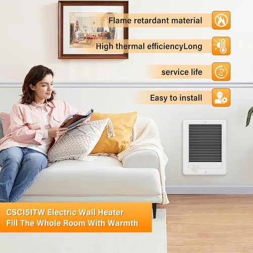 Miniatura 2 de CSC151TW Calentador de pared eléctrico (120 voltios, 1500 vatios, blanco) Calentador de pared Unidad completa con termostato