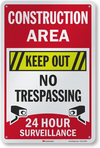 Miniatura 8 de SmartSign Letrero de "Área de construcción: Keep Out, No Trespassing, 24 Hour Surveillance" Aluminio reflectante de grado de ingeniero 3M de 10 x