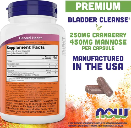 Miniatura 2 de NOW Foods Manosa de arándano, 120 cápsulas vegetales – con PAC – 450 mg de dmanosa, 250 mg de arándano entero – Limpieza de la vejiga y salud