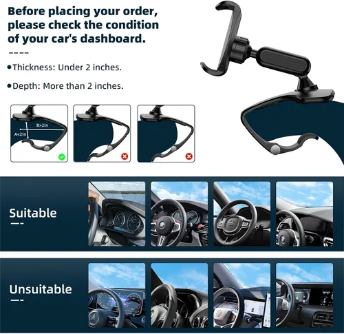 Miniatura 2 de Soporte de teléfono de automóvil para tablero de instrumentos con rotación de 360 grados, diseño de clip para teléfono celular, compatible