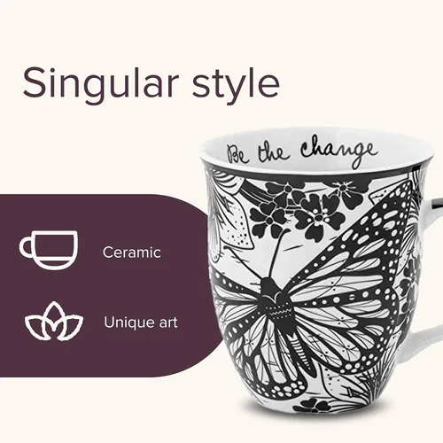 Miniatura 4 de Karma Taza bohemia de 16 onzas con diseño de mariposa y libélula en blanco y negro, bonita taza de café y té, cerámica, 16 onzas, redonda