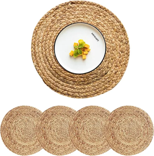 Miniatura 17 de Juego de 6 manteles individuales redondos tejidos con 6 posavasos, manteles individuales de jacinto de agua natural, manteles individuales de ratán