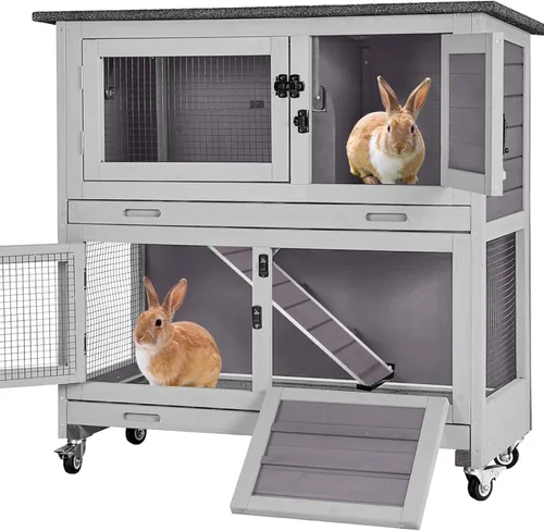 Miniatura 7 de Aivituvin Rabbit Hutch - Jaula para conejitos de interior para exteriores, casa de mascotas de 2 pisos, jaula de conejillo de indias con ruedas