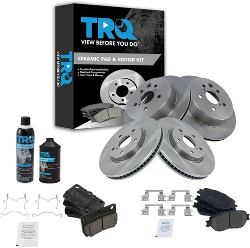 TRQ Kit de rotor de freno y pastillas de cerámica delantera y trasera con productos químicos compatibles con Lexus IS250 GS300