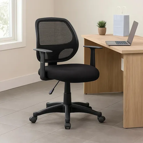 Miniatura 2 de Benzara Maya - Silla de oficina con brazos en T, malla negra, acolchado de espuma