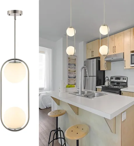 Miniatura 10 de BYOLIIMA Lámpara Colgante Moderna de Globo Níquel Cepillado Candelabro 1-Luz Mediados de Siglo Luminaria Colgante de Techo Pantallas de Vidrio