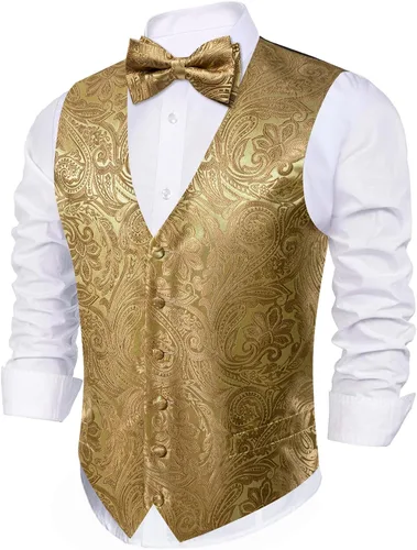 Miniatura 45 de Barry.Wang Conjunto de chaleco de pajarita para hombre, chaleco con cuello en V de seda jacquard de cachemira, gemelos de pañuelo formal/ocio, boda