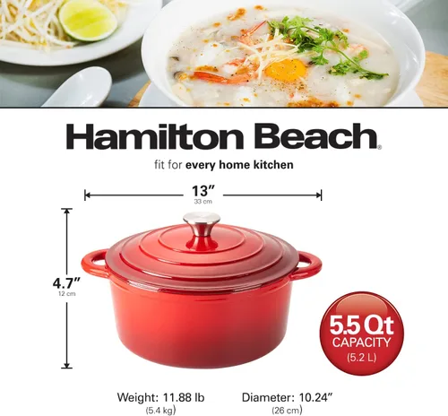 Miniatura 6 de Horno holandés de hierro fundido esmaltado Hamilton Beach de 5.5 cuartos de galón rojo, olla de horno holandés con tapa esmaltada en crema Rojo 2