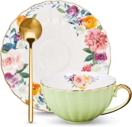 Miniatura 10 de ONEUSTAR Juego de taza de té y platillo para 1 taza de té floral de porcelana de hueso con cuchara, taza de café de 8 onzas, taza de capuchino latte