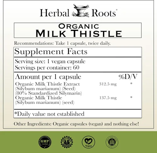 Miniatura 2 de Herbal Roots Cápsulas de cardo mariano Suplemento de hierbas de silimarina extra fuerte 80% Hecho con cardo de leche orgánico puro Vegano