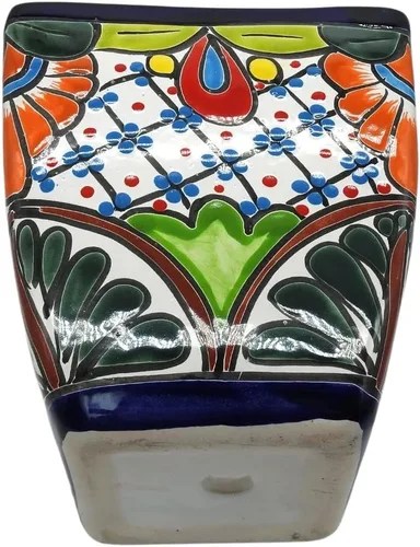 Miniatura 6 de Maceta cuadrada grande pintada a mano para interiores y exteriores, figura multicolor (Talavera)