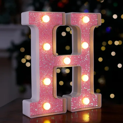 Miniatura 19 de Letras con luces LED, letras de marquesina con brillantina rosa, letras del alfabeto, letreros iluminados por pilas, para decoración de fiestas