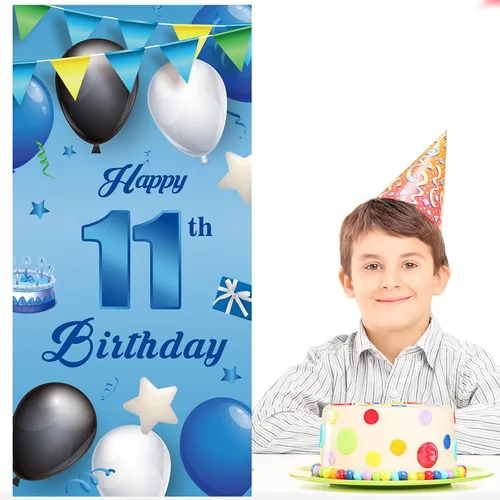 Miniatura 6 de Cartel azul de feliz cumpleaños número 11, globos de fondo de estrellas, confeti y saludos a los 11 años, decoración temática de puerta, porche