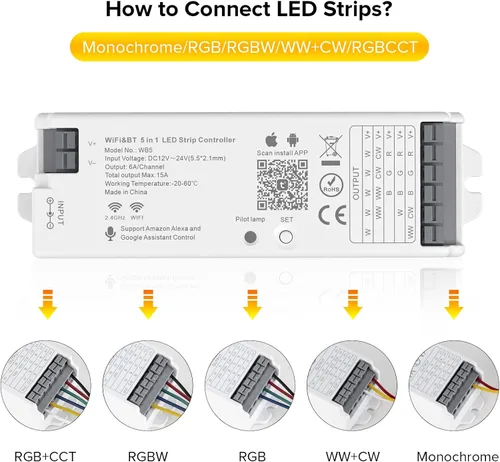 Miniatura 2 de SEZO WB5 5 en 1 Tuya WiFi 2.4GHz PWM LED controlador para atenuación RGB RGBCCT RGBW LED tira compatible con Alexa/Google Home/Tuya Smart Life APP