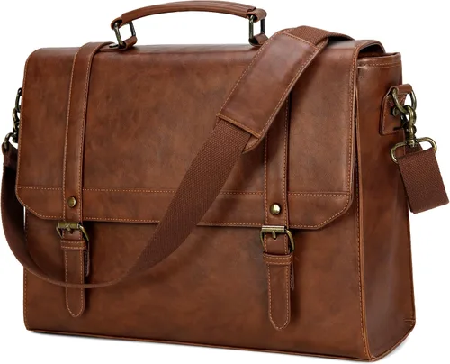 Miniatura 9 de Bolso de mensajero IGOLUMON para hombres de 15.6 pulgadas, bolso de cuero vintage impermeable para computadora, maletín para hombres, bolso grande