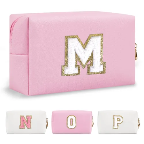 Miniatura 327 de Pequeña bolsa de maquillaje personalizada con inicial A-Z Preppy Patch, bolsa de cosméticos de viaje de felpilla blanca con cremallera, bonita bolsa
