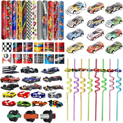 108 piezas de recuerdos de fiesta de autos de carreras - Bolsas de regalitos de cumpleaños temáticas con pajitas de fiesta, pulseras slap de