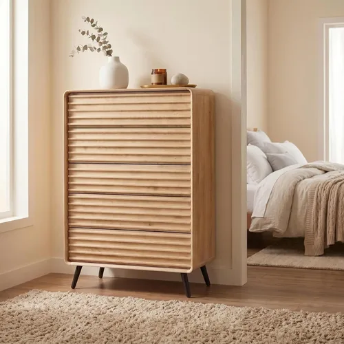 RedLemon 48'' Tall 5 Drawers Dresser for Bedroom, Mid Century Modern Wood Fluted Dresser, Chest of Drawers with Smooth Rounded Corner & Tapered Leg