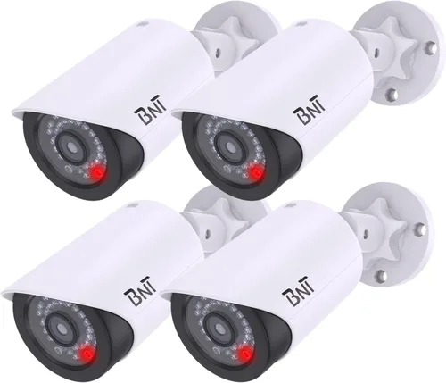 Miniatura 10 de BNT Cámara de seguridad falsa con energía solar, cámara de vigilancia falsa en forma de bala con luz LED roja para noche, calcomanía de advertencia