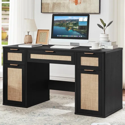 LEYAOYAO Office Desk 56" with 5 Drawers Storage File Cabinet Rattan Wood Desk for Computer Office Bedroom Home Furniture Black