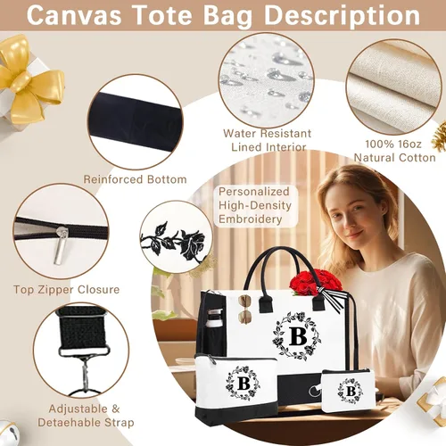 Miniatura 73 de Monogram - Bolsas de lona personalizadas con iniciales para mujer, bordado de doble cara, bolsas de playa, regalos para mujeres