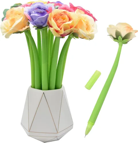Miniatura 13 de 12 bolígrafos creativos de tinta de gel con flores artificiales, color negro líquido, tinta de gel de 0.020 in, para niñas y mujeres, suministros