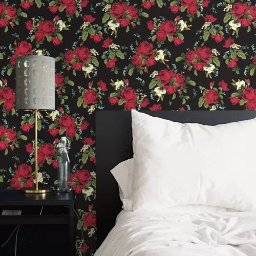 Miniatura 3 de VaryPaper Papel tapiz vintage con diseño floral oscuro de rosas rojas, 17.7 x 78.7 pulgadas, papel de contacto floral rojo para paredes, armarios