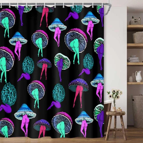 Miniatura 4 de Divertida cortina de ducha de hongos psicodélicos hippie, decoración de baño, lindo tatuaje de trasero, vegetariano, botánico, vegano, hongo