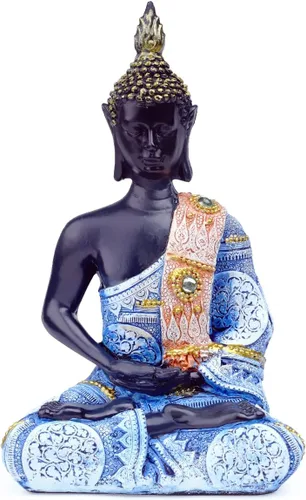Miniatura 2 de Escultura meditadora de Buda Polystone, estatuas de Buda pintadas a mano, estatuas de Buda para el hogar, decoración de meditación, decoración Azul