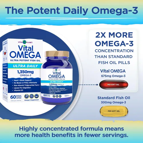 Miniatura 4 de Vital Planet - Suplemento diario de aceite de pescado Vital Omega 3 con 1350 mg de agua fría de alta potencia de 2 veces más fuerza y ácidos grasos