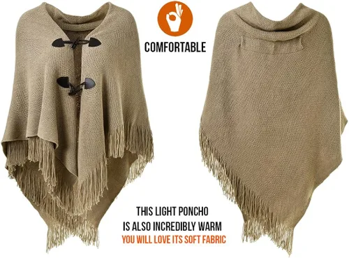 Miniatura 3 de Ferand Poncho de ajuste holgado para mujer con botones de cuerno elegantes cuello en V y dobladillo en V
