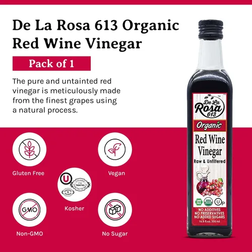 Miniatura 3 de De La Rosa - Vinagre de vino tinto orgánico, crudo y sin filtrar, Kosher para Pascua, vegano, sin OMG y sin gluten, ideal para aderezos de ensalada