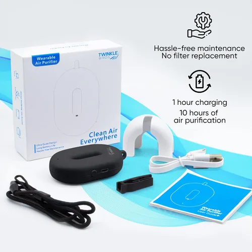 Miniatura 6 de Collar purificador de aire portátil, ionizador personal portátil, limpiador de aire recargable de tamaño de viaje, elimina el polvo, alérgenos, Negro