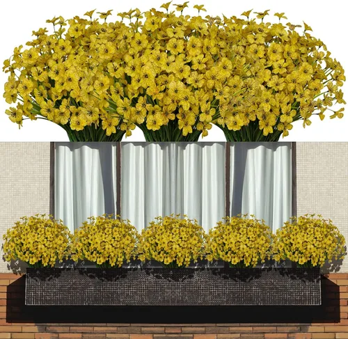 Miniatura 6 de Flores artificiales 15 racimos para exteriores, resistentes a los rayos UV, tela de plástico, plantas verdes para colgar macetas, cocina, hogar, Azul