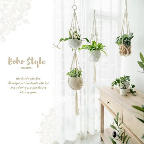 Miniatura 2 de Mkono Colgador de plantas de macramé, cesta colgante de 2 niveles para interior/exterior, cuerda de algodón con cuentas, 4 patas, 49 pulgadas