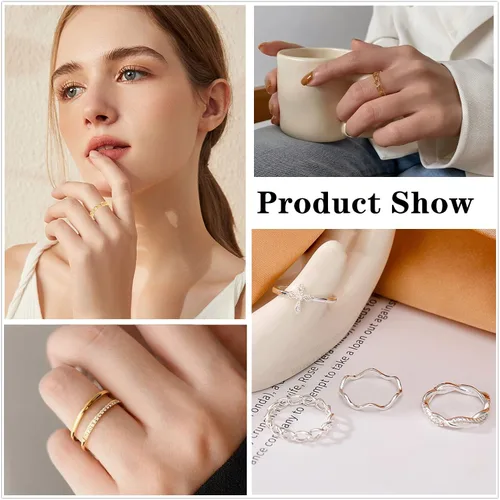Miniatura 5 de Honsny Juego de anillos apilables chapados en oro de 14 quilates para mujer, anillos apilables para nudillos, anillos de plata finos y delicados